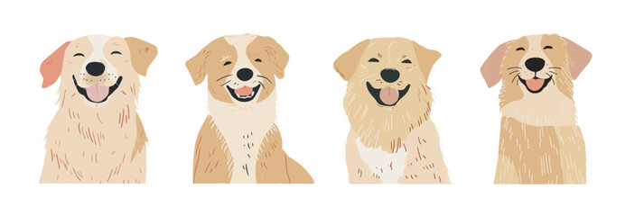 Wall Mural - Smiling golden retriever doodle vector illustrations. Long haired dog fur wool muzzle portrait devoted faithful friend pet, illustration isolated on white background