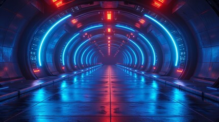 Wall Mural - futuristic tunnel glowing with blue and red lights leading to the unknown