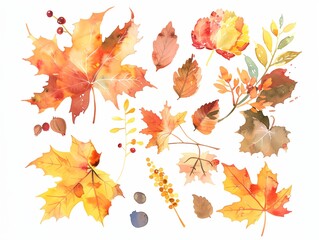 Wall Mural - A collection of watercolor autumn leaves and berries. The leaves are of various sizes and shapes, and the berries are scattered throughout the scene. Scene is warm and inviting