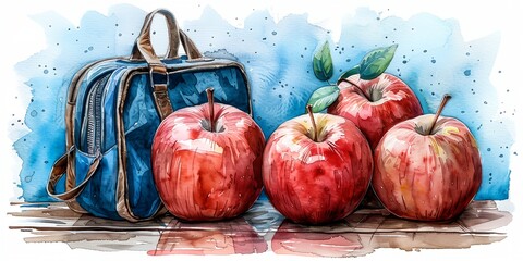 Wall Mural - A blue bag with a zipper is next to four apples. The apples are red and arranged in a row