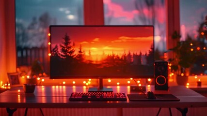 Aufkleber - This vibrant sunset illuminates a cozy workspace adorned with lights.