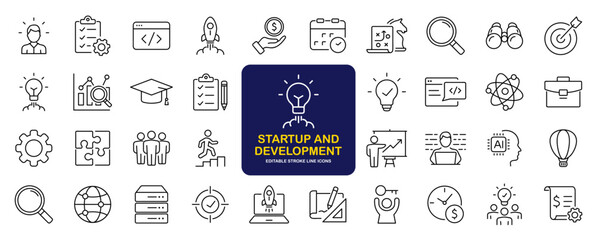 Fototapete - Startup and development set of web icons in line style. Development icons for web and mobile app. Containing Business, concept, idea, strategy, innovation, vision, marketing, startup and more
