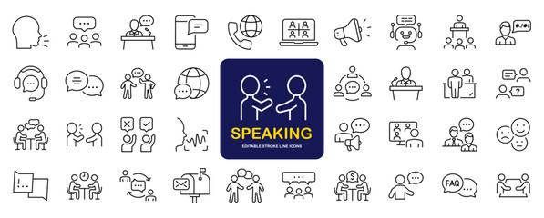 Speaking set of web icons in line style. Communication icons for web and mobile app. Containing people, communication, talking, discussion, speech bubble, team, support and more