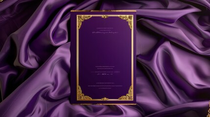 A royal-themed wedding invitation card mockup with elegant gold trim and velvet textures, presented on a luxurious silk fabric background in a regal purple hue.