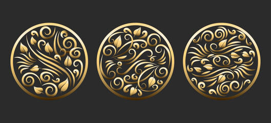 Canvas Print - vintage golden floral emblem set