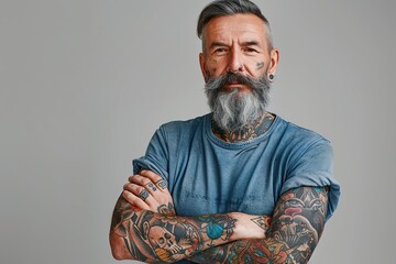 Handsome mature man with a lot of tattoos on his body