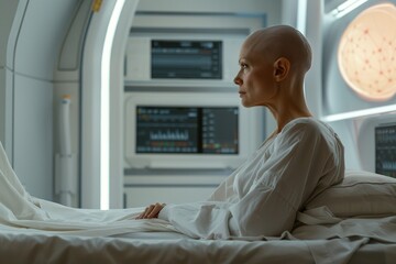 Mature woman with bald head making cancer therapy in the modern hospital