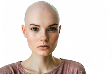 Portrait of adult woman with bald head, cancer therapy