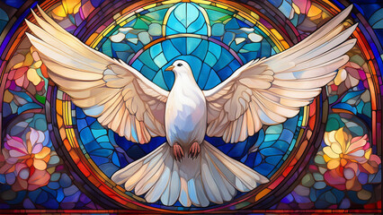 A white dove, symbolizing peace, hope and the Holy Spirit, against the background of a beautiful, colorful church stained glass window. 4K wallpaper