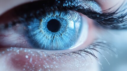 Close-up of a blue eye, detailed and vivid, with reflections and light effects.