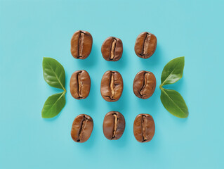 Wall Mural - Creative Coffee Bean Layout With Green Leaves on Blue Background