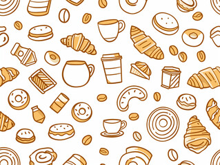 Seamless Pattern of Coffee and Bakery Line Icons