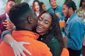 Wall Mural - A group of young people enjoying a party at a house. They are all socialising together, drinking alcoholic beverages, celebrating with each other. Two friends are greeting each other with a hug