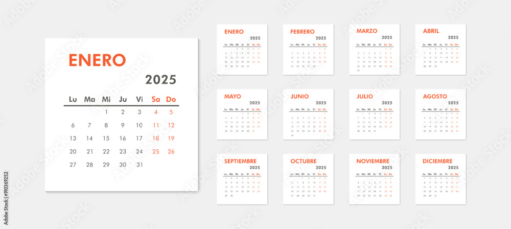 Monthly modern calendar 2025 on spanish language. Week starts on Monday ...
