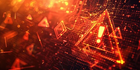Red digital background with an exclamation mark inside a triangle, warning sign for a cyber attack or security control system Generative AI