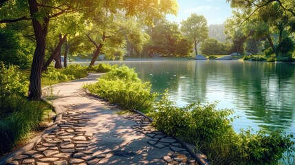 Beautiful colorful summer spring natural landscape with a lake in Park surrounded by green foliage of trees in sunlight and stone path in foreground