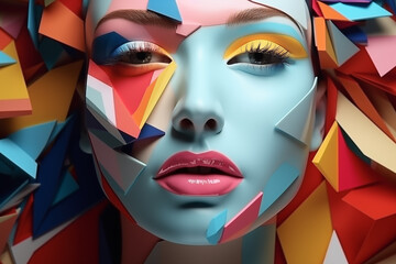 Vibrant abstract face art displayed with colorful paper cutouts during creative photo session