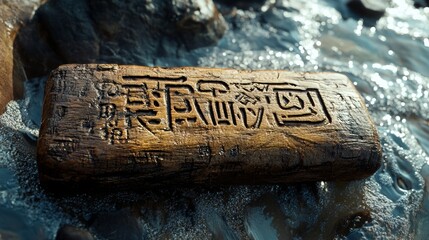 Ancient wooden tablet with carved symbols partially submerged in water