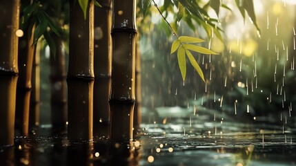 Serene bamboo forest scene with fresh rain and soft sunlight, highlighting nature's beauty and tranquility.