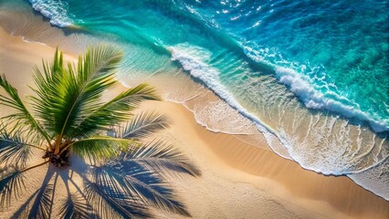 Wall Mural - abstract sand beach with palm leaf shadow and blue water wave from above, summer vacation outdoors in tropical paradise nature, background with space