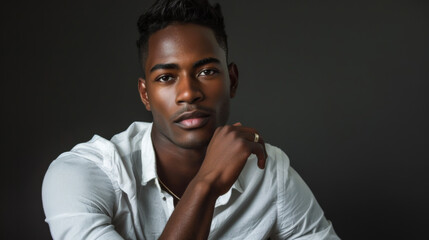 Wall Mural - Portrait of a young African American man against a dark background. Handsome man posing indoors. Style and fashion concept.