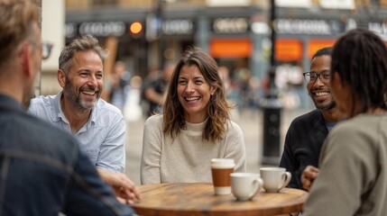 Friends Laughing Together at Outdoor Cafe in the City