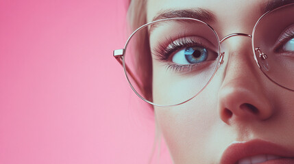 Wall Mural - Woman’s eyes in glasses looking stright ahead, isolated on pink background