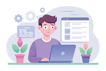Young man with laptop. Remote work, freelance concept for banner or landing web page