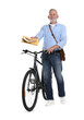 © New Africa - Postman with bicycle delivering letters on white background
