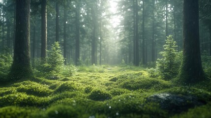 enchanting scandinavian forest scene with towering evergreens and lush green moss carpeting the forest floor soft diffused light creates a mystical atmosphere