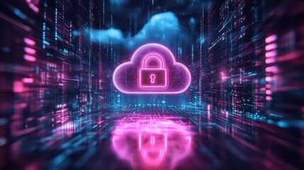 Wall Mural - ethereal neon cloud with a glowing padlock at its center futuristic cybersecurity concept set against a dark techinspired background with data streams