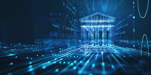 Wall Mural - A futuristic icon of an open bank building with columns, surrounded by digital lines and data curves on a dark blue background, representing the evolution to artificial intelligence Generative AI