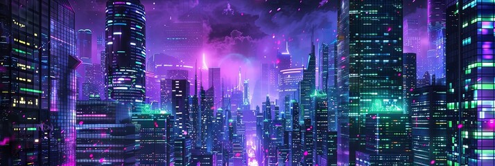 Wall Mural - cyber punk city buldings from side view purple and green bookeh 