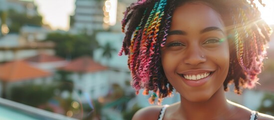 Wall Mural - A joyful and stunning African American girl with a radiant smile, her hair dyed in the colors of the LGBT rainbow, posing in a bright, urban setting with modern buildings in the