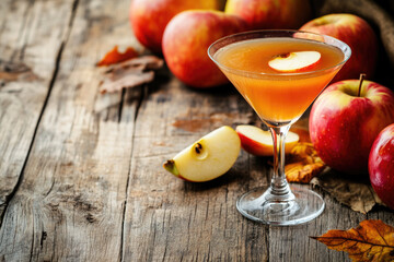 Wall Mural - Apple cider martini with caramel apples on wooden table