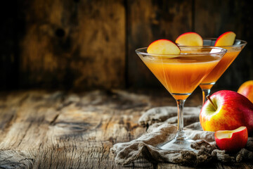 Wall Mural - Apple cider martini with caramel apples on wooden table