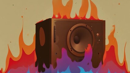 Poster - A powerful sound system emerges from vivid flames, showcasing an explosion of colors and dynamic energy in an artistic representation of music and excitement.