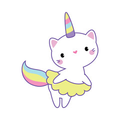 Canvas Print - Cat Unicorn Character with Rainbow Tail and Horn Vector Illustration