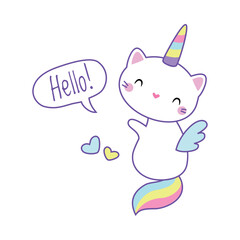 Sticker - Cat Unicorn Character with Rainbow Tail and Horn Vector Illustration