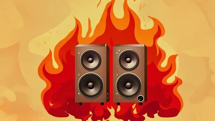 Poster - Two vintage-style speakers emerge from a striking fiery background, showcasing an eye-catching blend of color and sound energy.