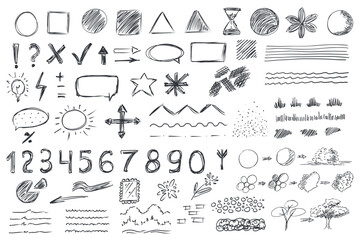 Aufkleber - Geometric shapes mega set elements in hand drawn flat graphic design. Bundle objects of circles, squares, triangles, flowers, marks, cross, tick, arrows, speech bubble and other. Vector illustration.