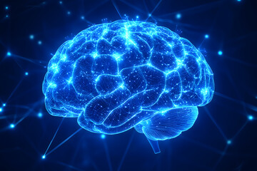 Digital data and network connection of human brain on blue background. Generative Ai.