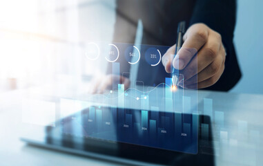 Leinwandbilder - Growing graph and annual report for a successful development.Business arrow chart diagram, growth strategy and achieving goals with the rising arrow.Business strategy development and efficiency growth