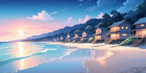 Sticker - Soft pastel style anime casual night rural beach scene for background