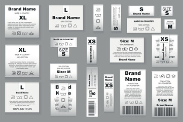 Aufkleber - Clothes laundry labels mega set realistic elements in flat graphic design. Bundle objects of fabric clothing white tags with brand name, sizes, care washing instruction, info. Vector illustration.