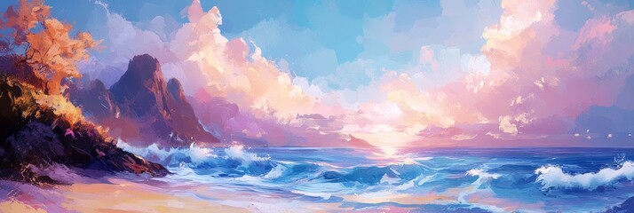 Wall Mural - Serene Sunset Over Ocean Beach - A picturesque sunset paints the sky with vibrant hues, casting a warm glow over the crashing waves and a serene beach,  symbolizing tranquility, beauty, peace, nature,