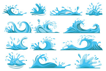 Fototapete - Water splash mega set elements in flat graphic design. Bundle objects of blue cartoon spraying and pouring waves, aqua streams with droplets, ripple puddles, swirl fountain forms. Vector illustration.