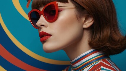 Wall Mural - Woman with red hat and sunglasses, vintage 1960s fashion model studio portrait with colorful pop background, sixties style