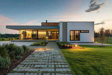 Wall Mural - Modern house in suburb with beautiful green landscape