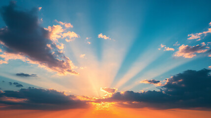 Wall Mural - beautiful bright dramatic sunset sky with fluffy clouds and rays. sky background.